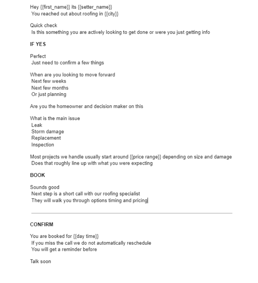 Sales call qualification script showing intro, qualification questions, booking, and confirmation steps