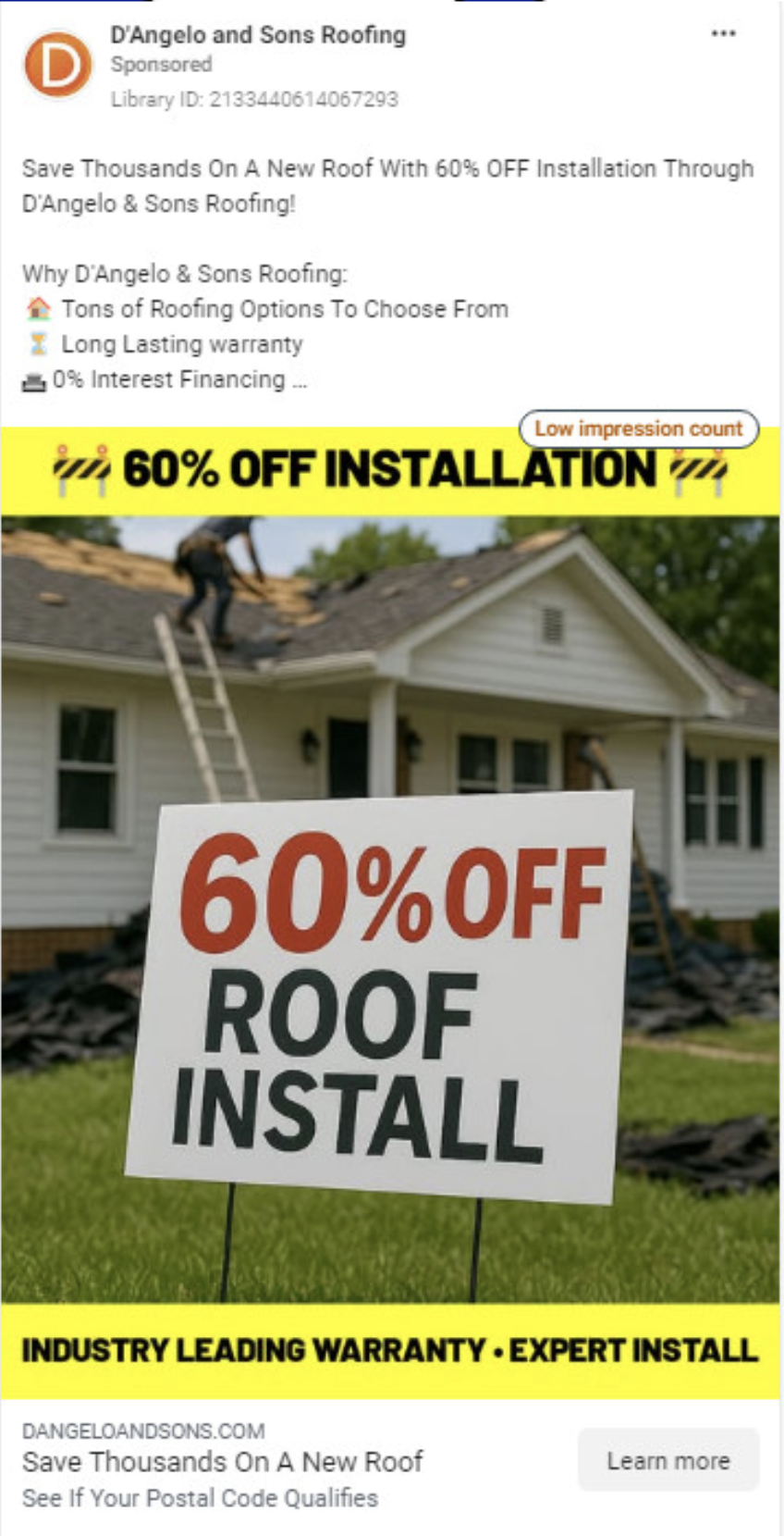 Competitor roofing ad offering 50% off install