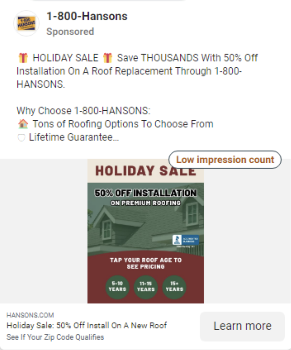 1-800-Hansons Facebook ad with holiday sale and low impressions