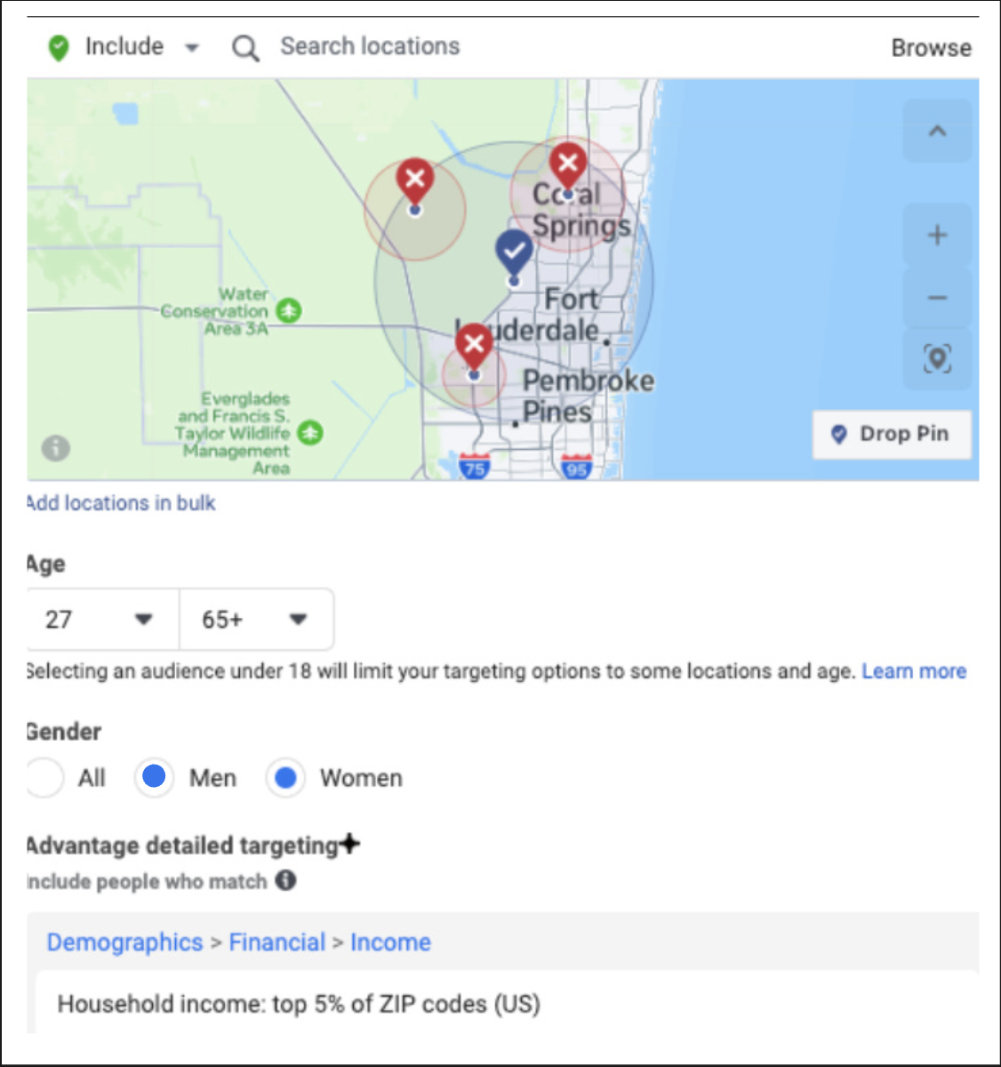 Facebook Ads geo-targeting map showing affluent zip codes in Fort Lauderdale area