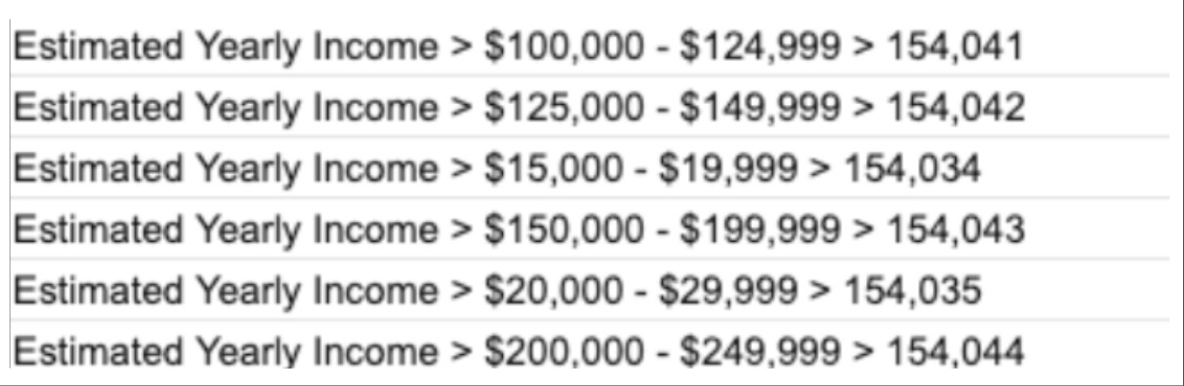 Income targeting data showing estimated yearly income brackets from $100k to $250k